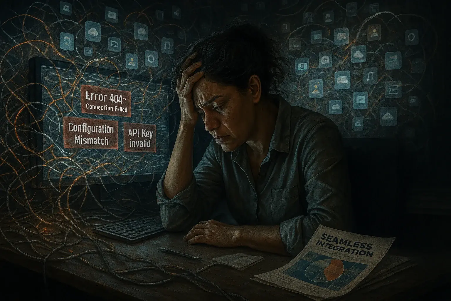 User overwhelmed by tangled cables & app icons, symbolizing setup hell despite a discarded 'seamless' marketing brochure.