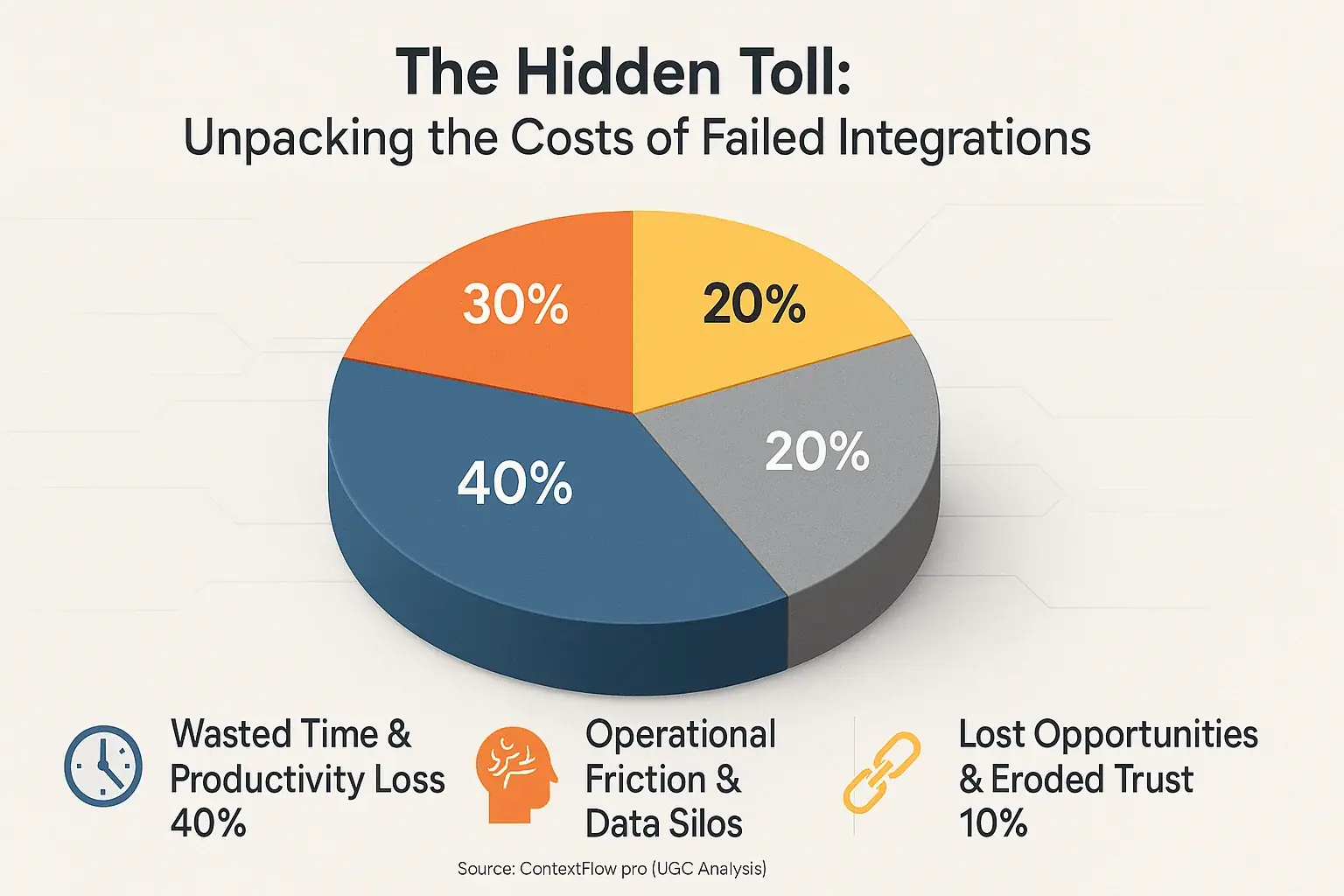 Pie chart: Hidden toll of failed integrations: Wasted time (~40%), mental exhaustion (~30%), lost opportunities (~30%).