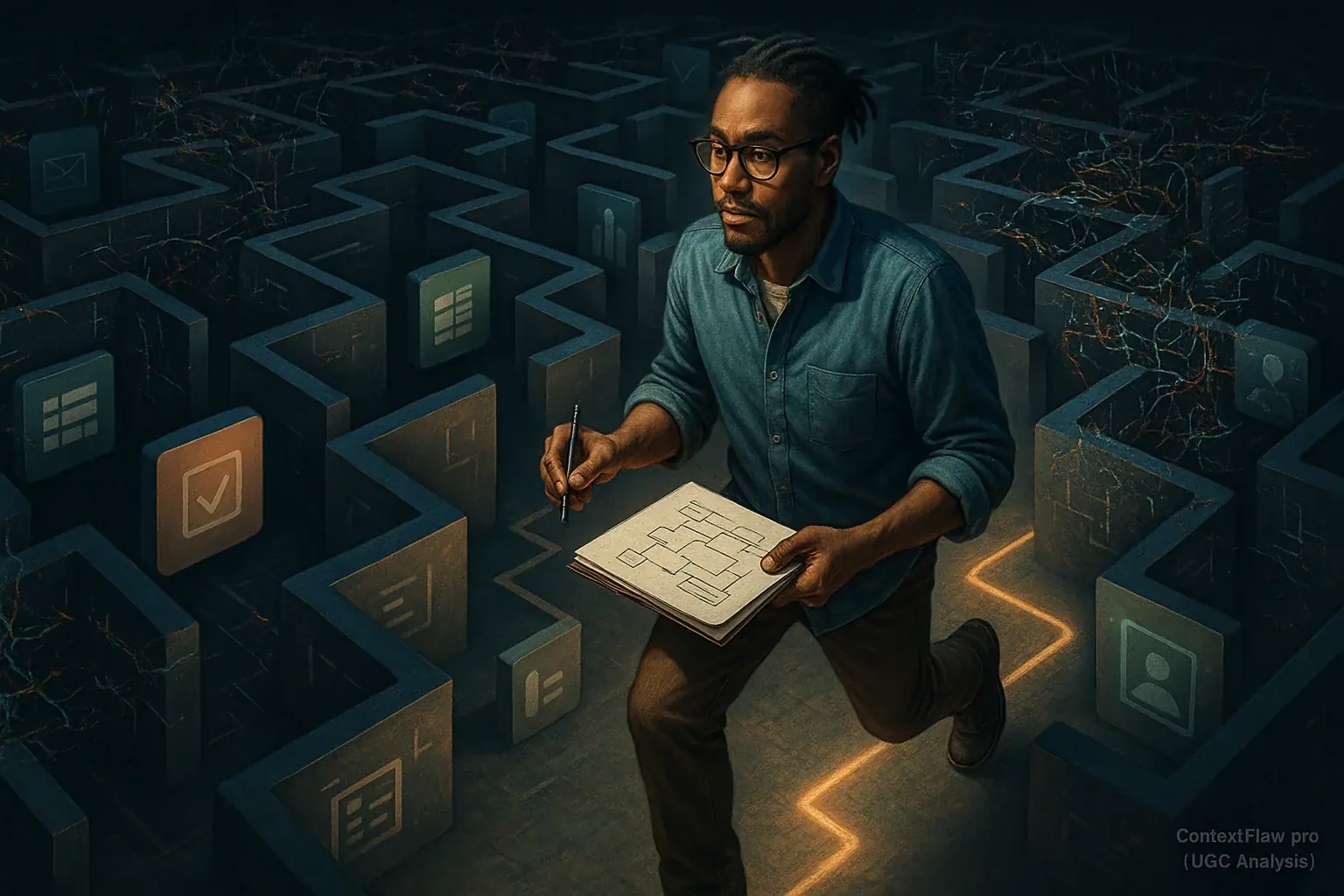 User with simple tools cleverly navigates a maze of disconnected app icons & data streams, showing workarounds.