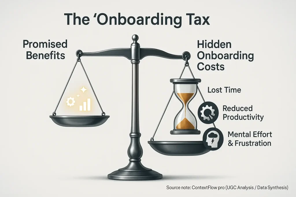 Onboarding tax: Scale tipping as hidden costs (time, effort, lost productivity) outweigh tool benefits.