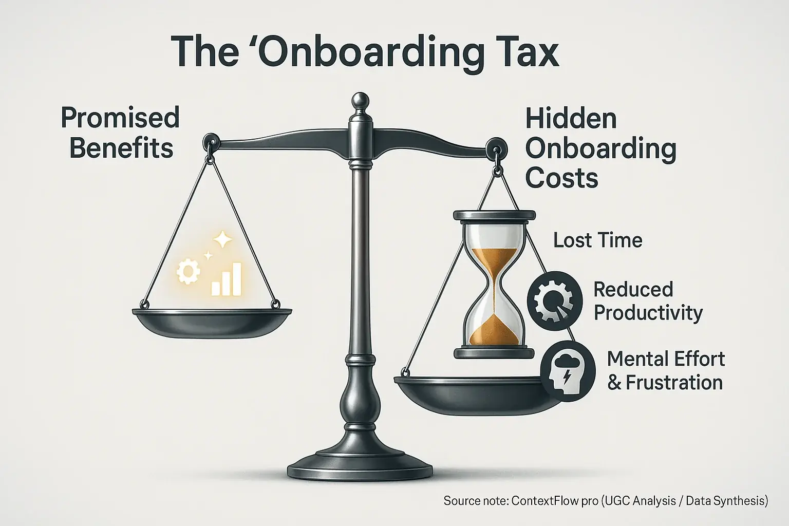 Onboarding tax: Scale tipping as hidden costs (time, effort, lost productivity) outweigh tool benefits.