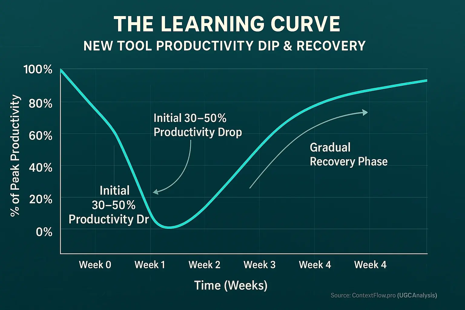 Line graph: Typical sharp productivity dip and slow recovery post-new tool, illustrating the learning curve.