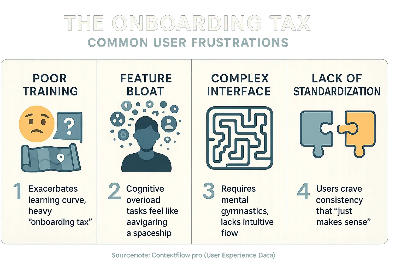 Infographic: Onboarding pain points: poor training (confused), feature bloat (overloaded), complex UI (maze), no standard