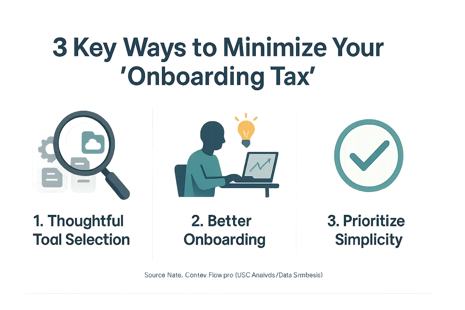 Minimize onboarding tax: 1. Tool selection (magnifier), 2. Better onboarding (learner), 3. Simplicity (minimalist icon).