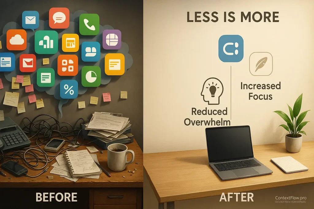 Cluttered desk becomes clean with fewer tools, showing 'Less is More' for hybrid work, boosting focus & reducing overwhelm.