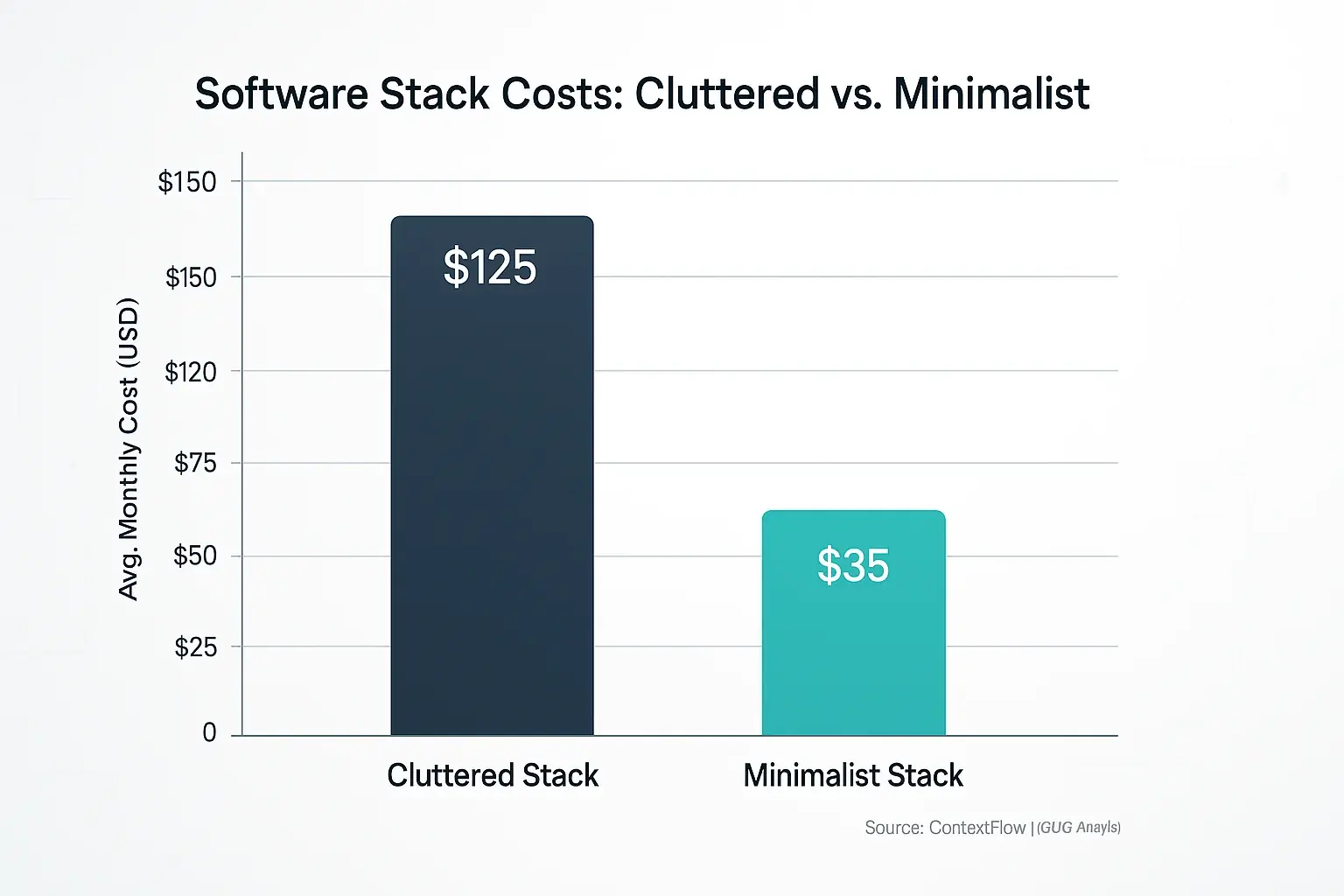 Bar chart: Minimalist tool stack ($80/mo) slashes $170 in monthly costs compared to a cluttered stack ($250/mo).