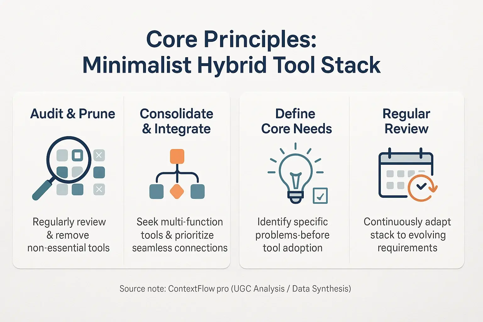 Infographic: Principles for minimalist hybrid tools: Audit &amp; Prune, Consolidate &amp; Integrate, Define Core Needs, Regular
