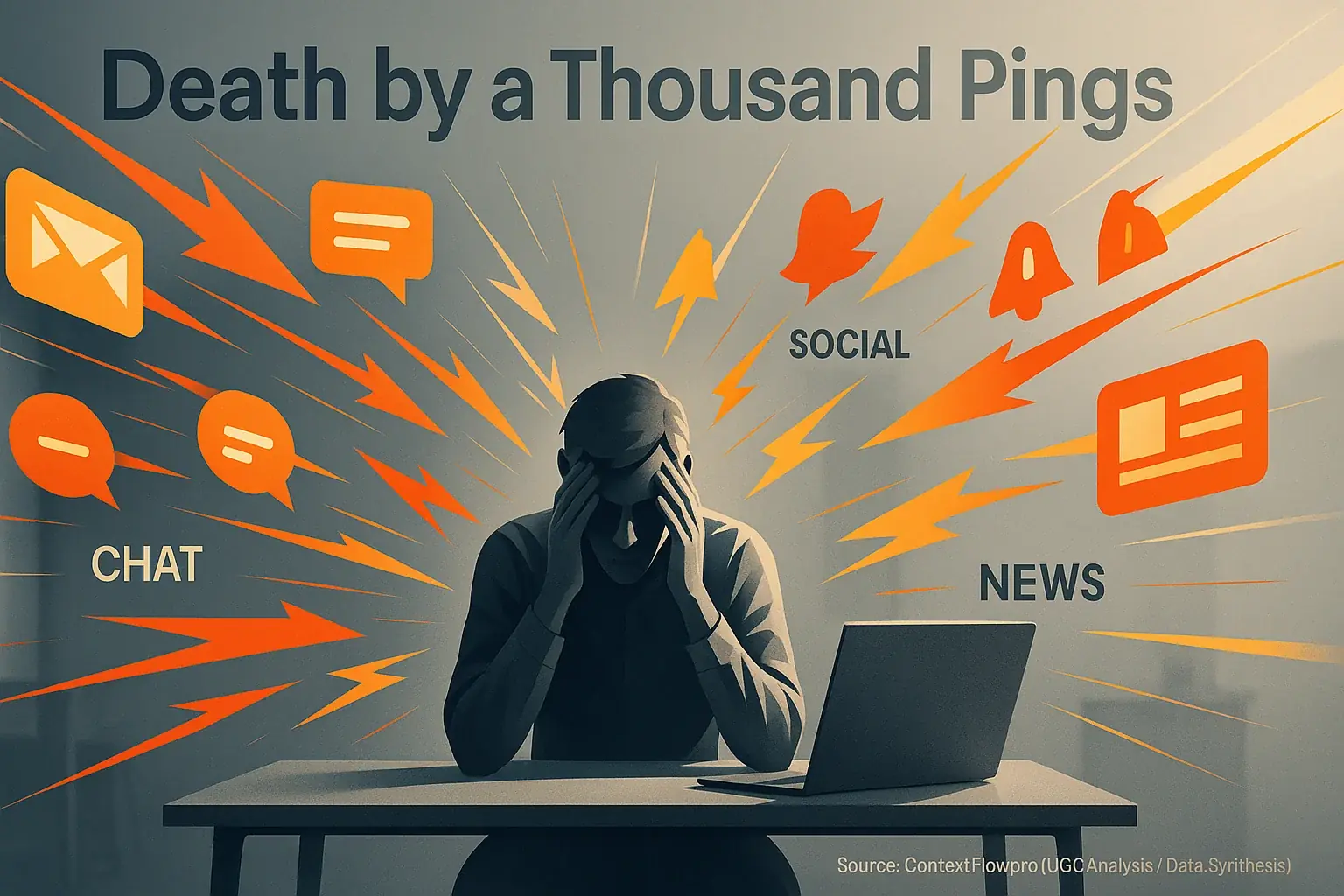 Infographic: Hybrid worker bombarded by digital pings (email, chat, social, news), showing major distraction percentages.