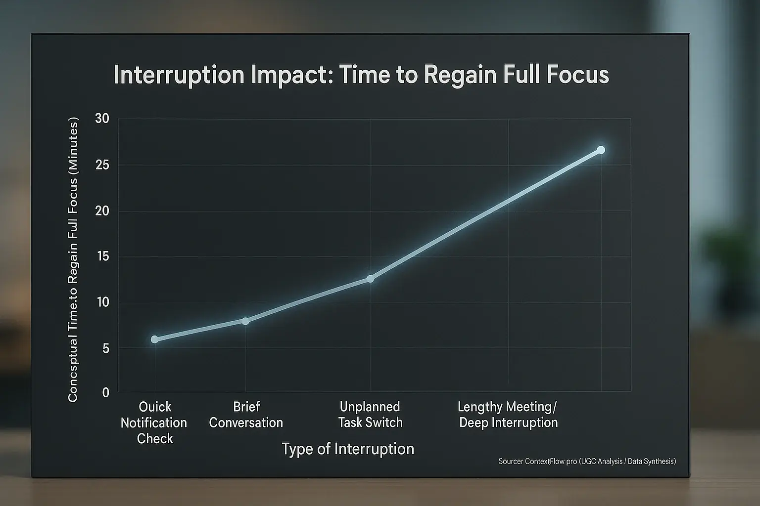 Line graph showing escalating focus recovery times due to interruptions, from notifications to meetings.