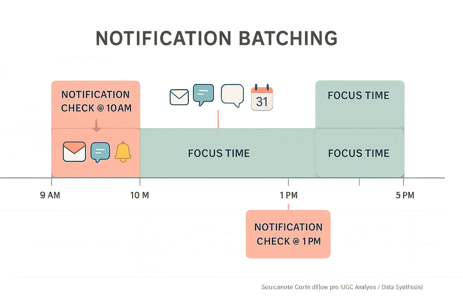 Infographic: Notification batching process. Timeline shows alerts handled in 'check' blocks, preserving long 'focus' blocks.