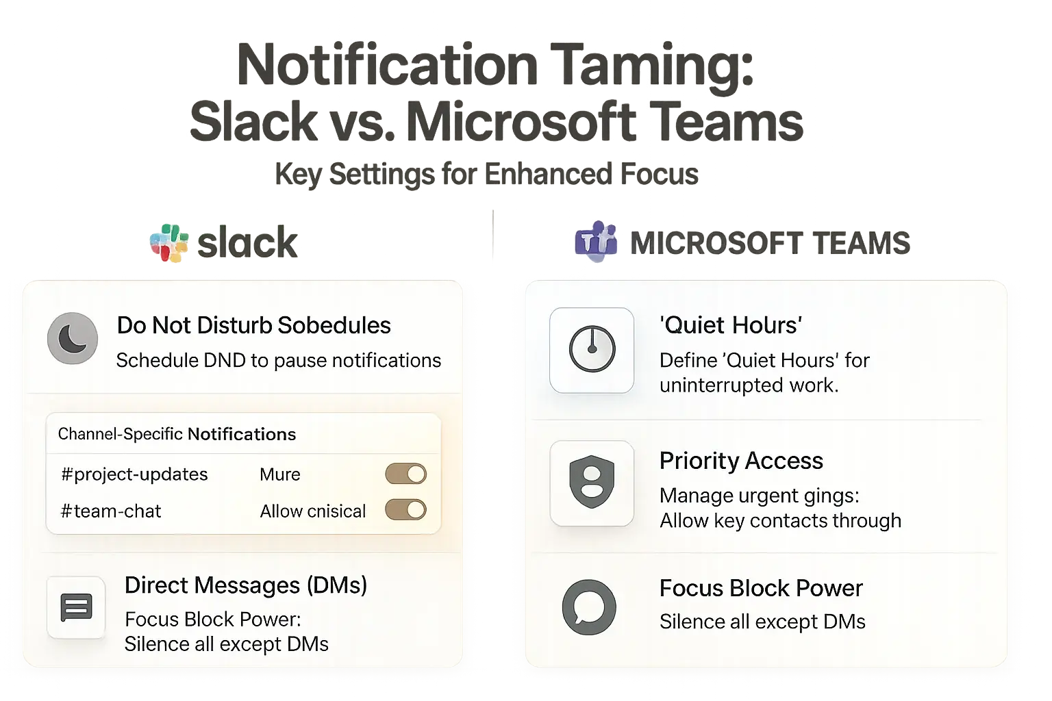 Side-by-side UI: Impactful Slack vs. Teams notification settings (DND, mute, alerts) to fine-tune for focus.