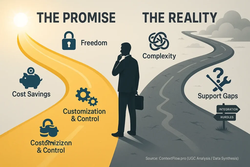 Infographic: Paths diverge showing open source promise (freedom, savings) vs reality (complexity, support issues) for hybrid