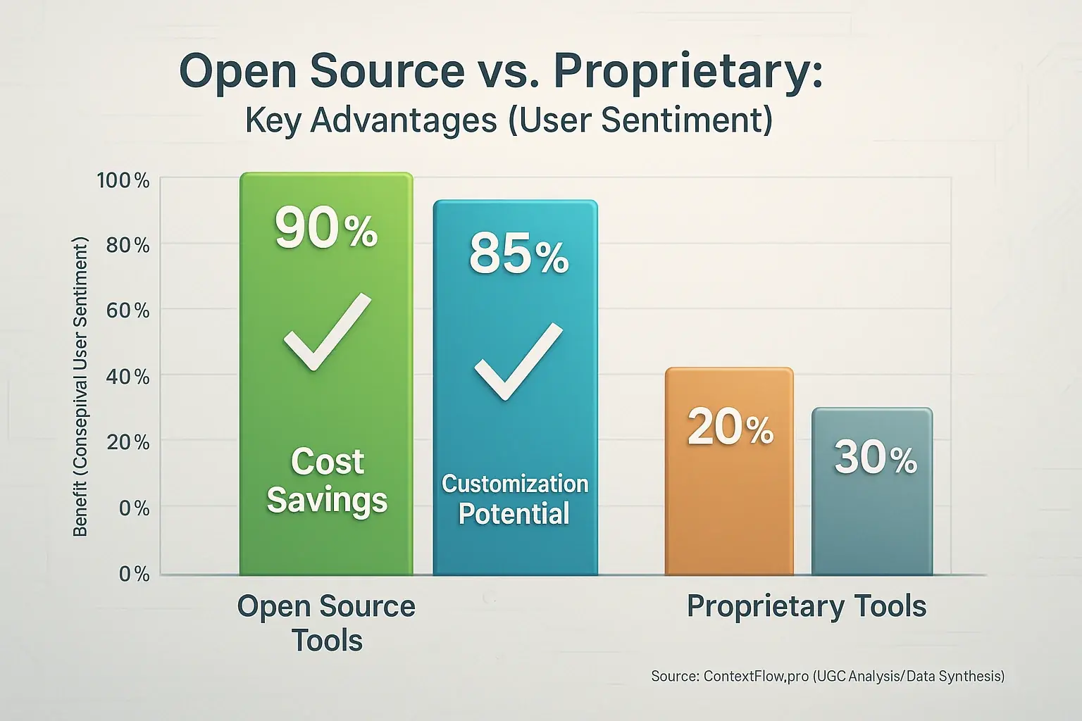 Bar chart: Open Source excels in Cost Savings &amp; Customization Potential over Proprietary tools, highlighted by checkmark