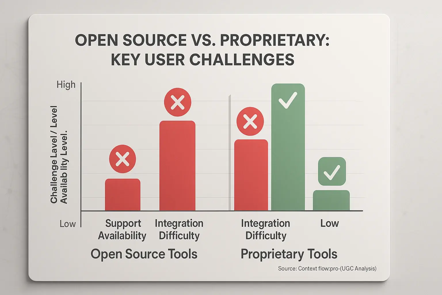 Stylized bar chart: Open source cons in support &amp; integration highlighted against proprietary tools.