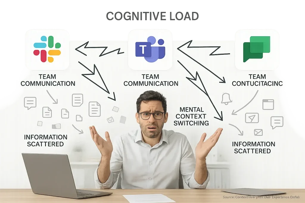 Confused user juggles Slack, Teams, & Chat for communication, illustrating tool redundancy and fragmented attention.