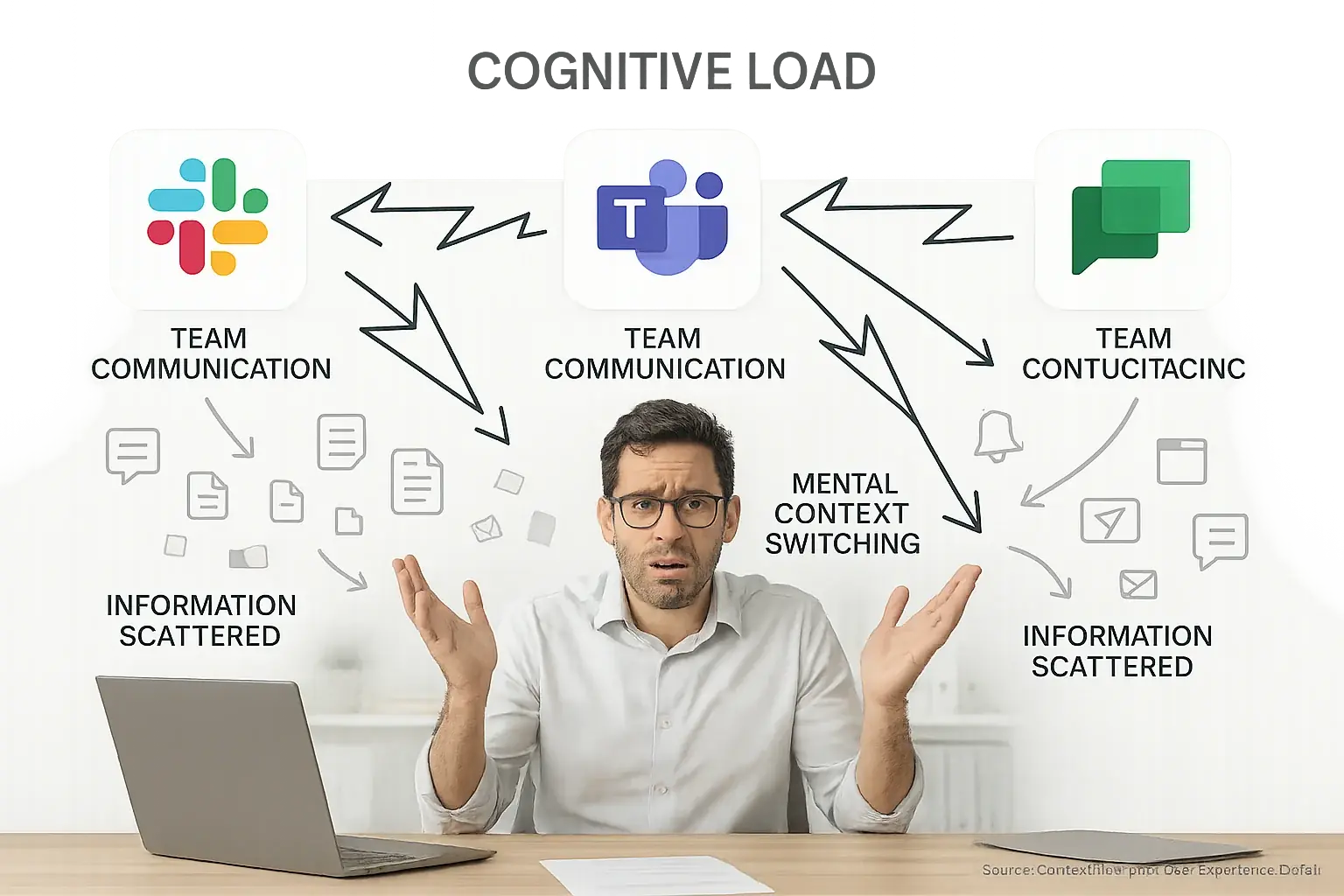 Confused user juggles Slack, Teams, & Chat for communication, illustrating tool redundancy and fragmented attention.