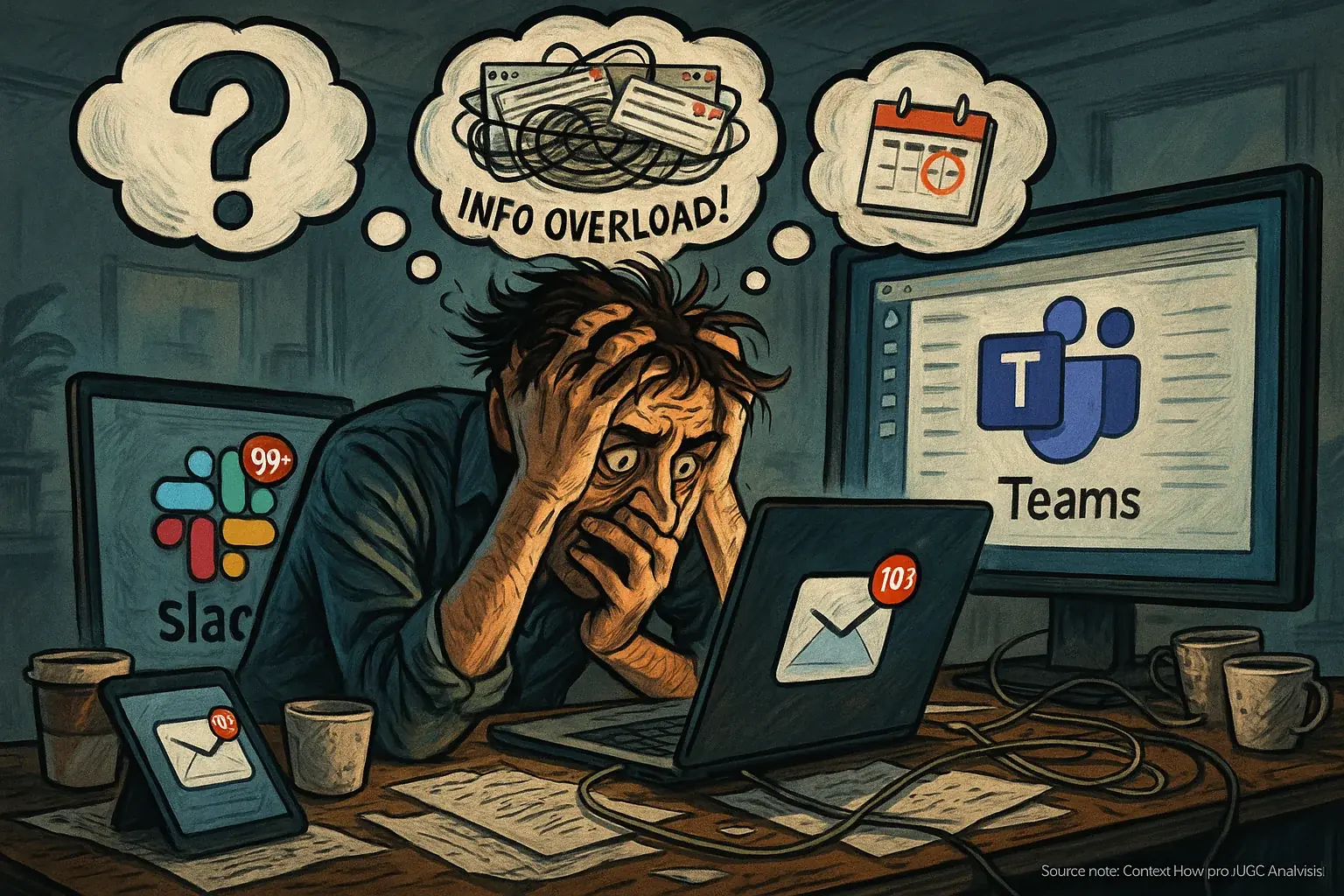 Overwhelmed hybrid worker with multiple screens/laptops showing different apps for same task, depicting app overlap chaos.