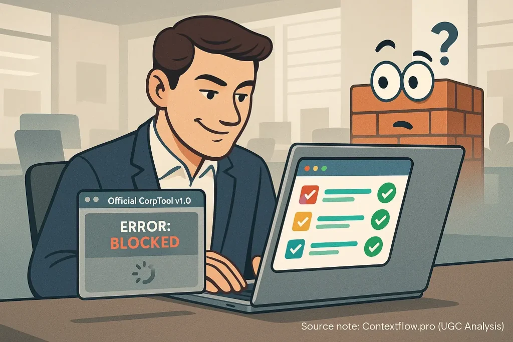 Employee using unauthorized laptop app, a puzzled corporate firewall icon behind, showing shadow IT in hybrid work.