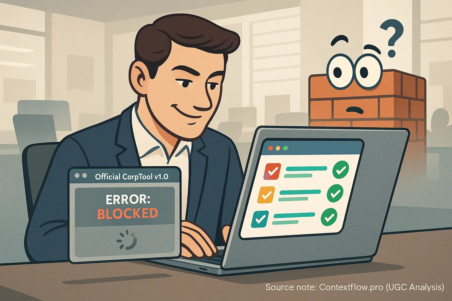 Employee using unauthorized laptop app, a puzzled corporate firewall icon behind, showing shadow IT in hybrid work.