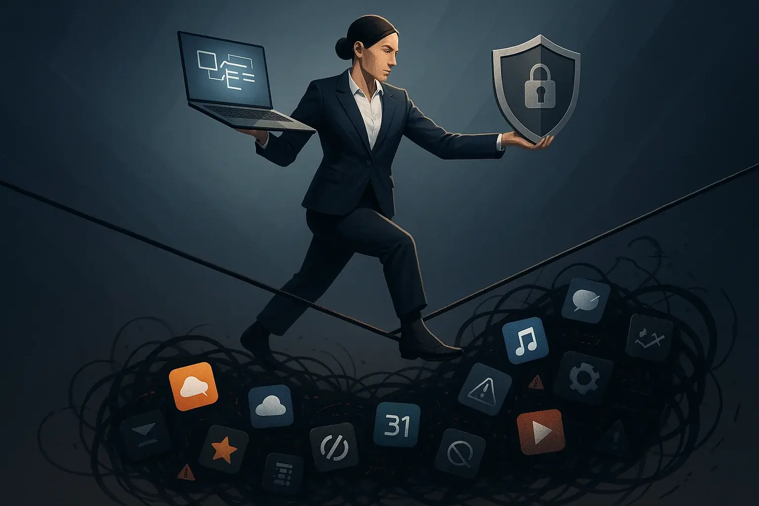 Person on tightrope balances laptop (productivity) &amp; shield (security) over unapproved apps, depicting Shadow IT&#x27;s risks.