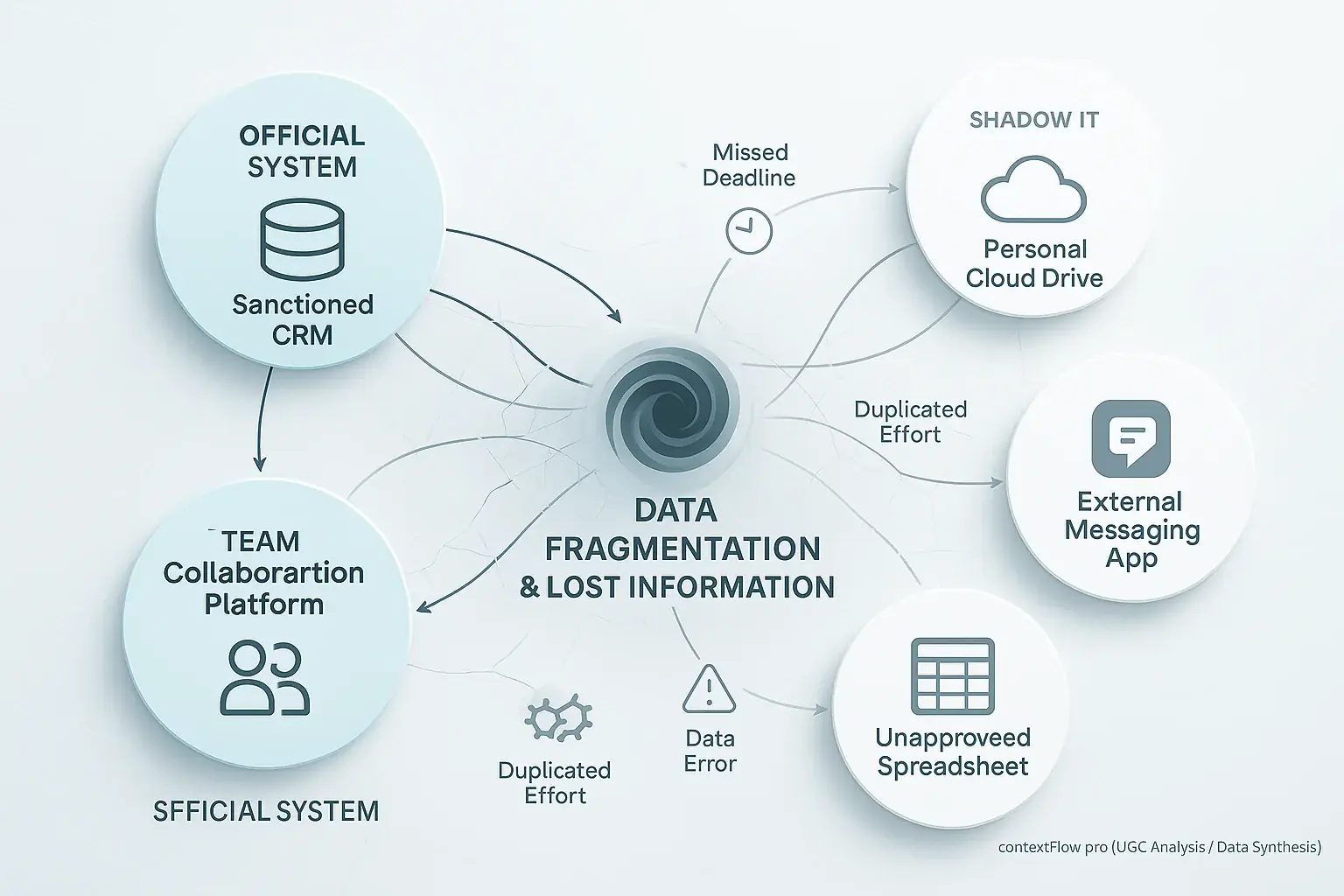 Diagram: Disconnected official and shadow IT tools create fragmented data flow, leading to data chaos and hindering