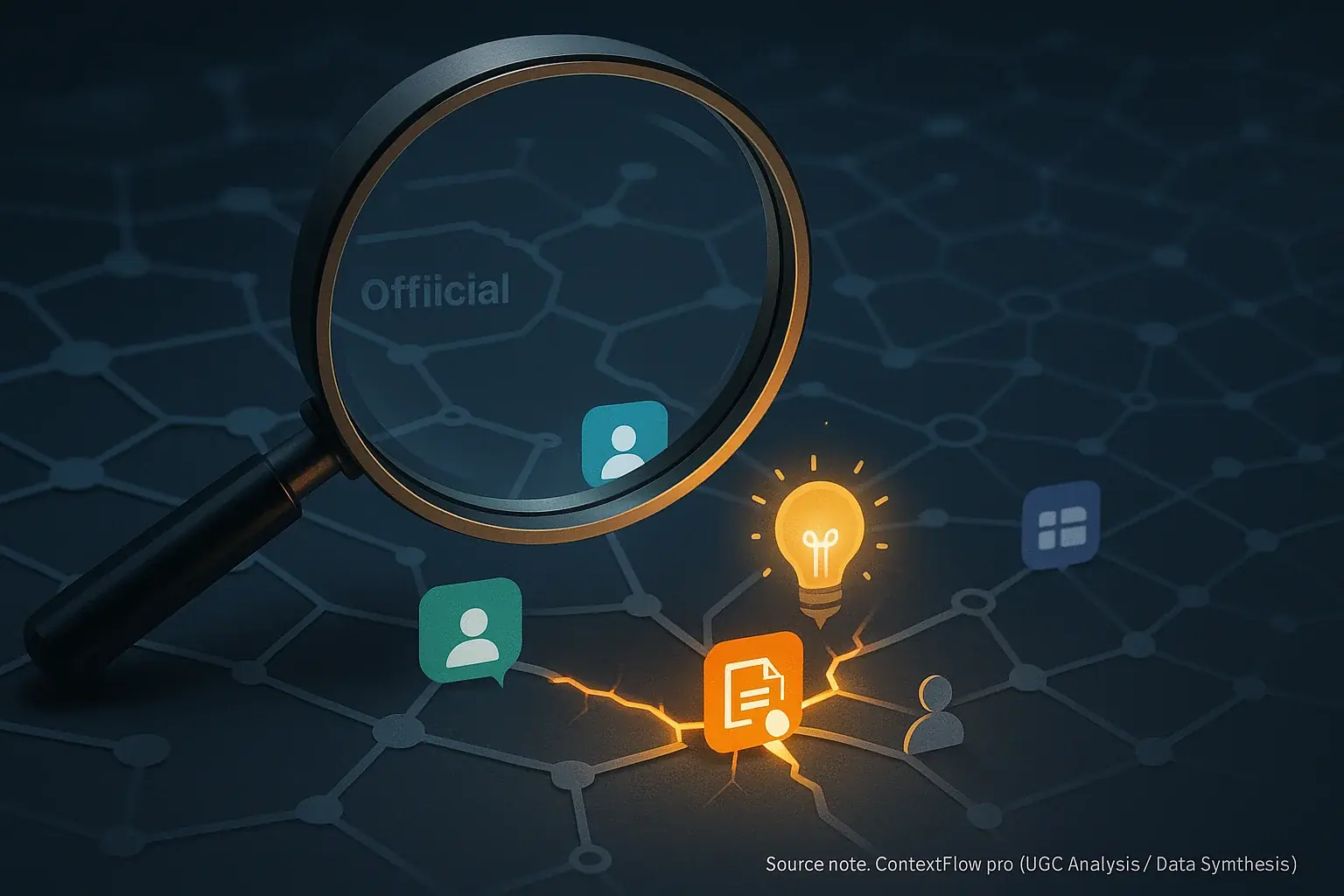 Magnifying glass over a network of tools and user icons reveals lightbulb insights, showing Shadow IT uncovering unmet needs.