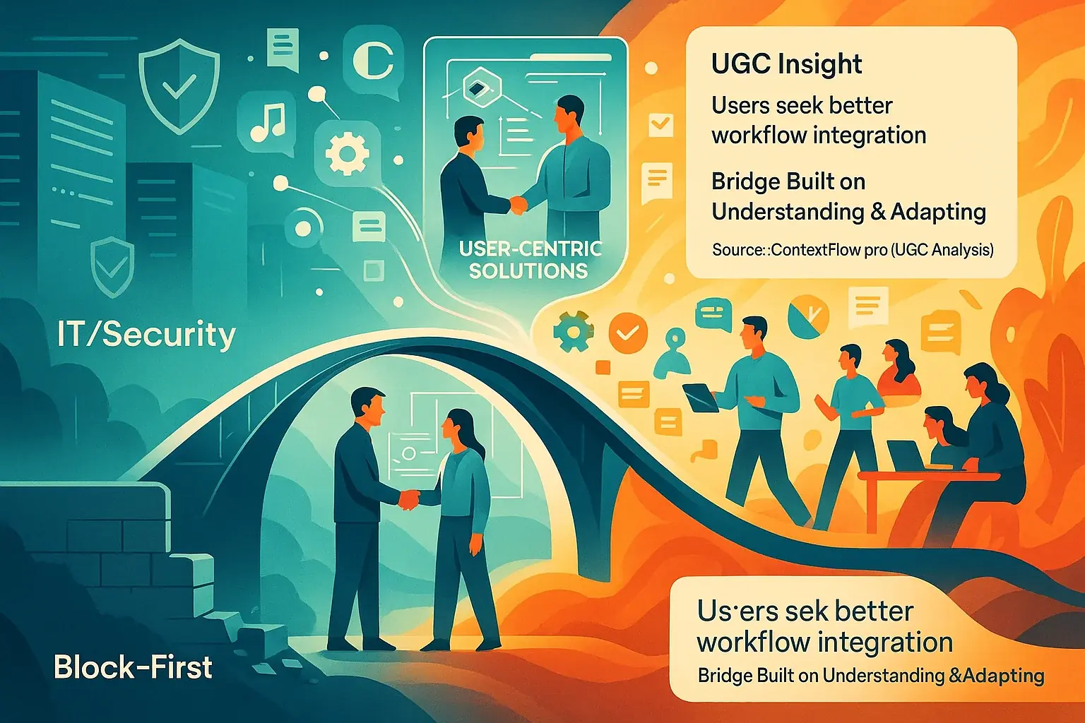 Bridge connects IT/Security and Users/Productivity, digital tools flowing smoothly for user-centric hybrid tooling.