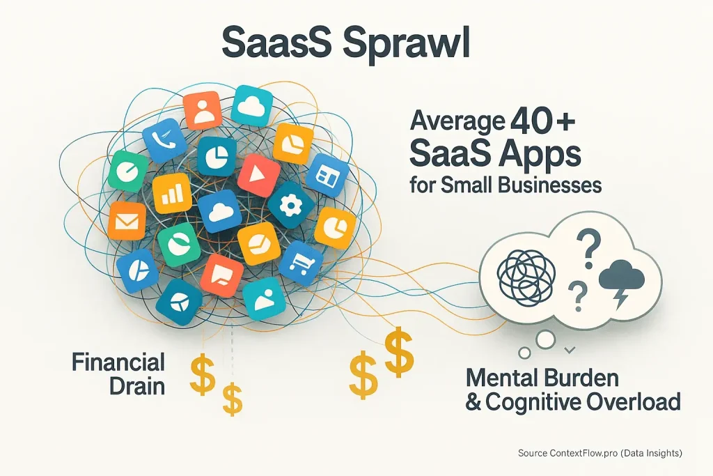 SaaS sprawl visualized: tangled app icons, dollar signs, and stress bubbles show the financial and mental toll of excessive