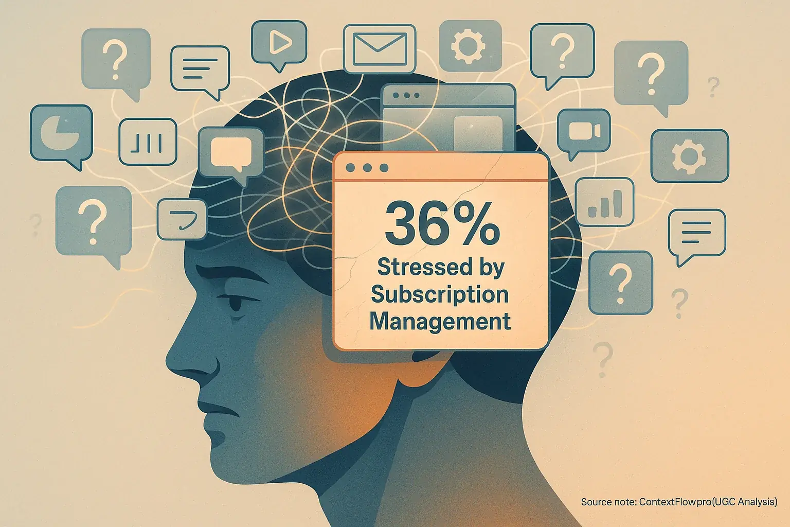 Abstract head with tangled 'mental tabs' (icons, browser tabs, question marks) showing SaaS cognitive load.