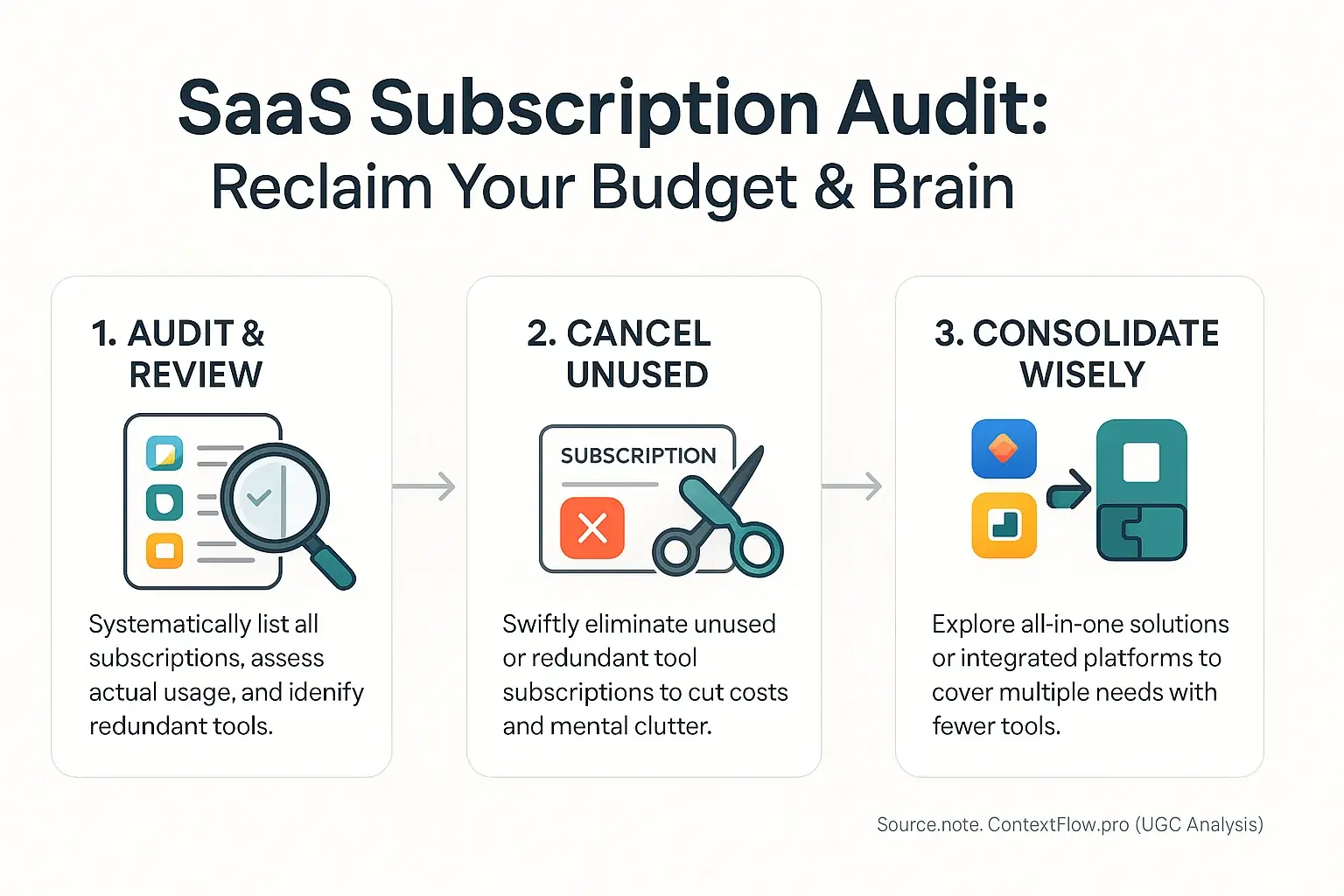 Infographic: Simplified SaaS audit steps—review, cancel, consolidate with icons—to reclaim budget & reduce sprawl.