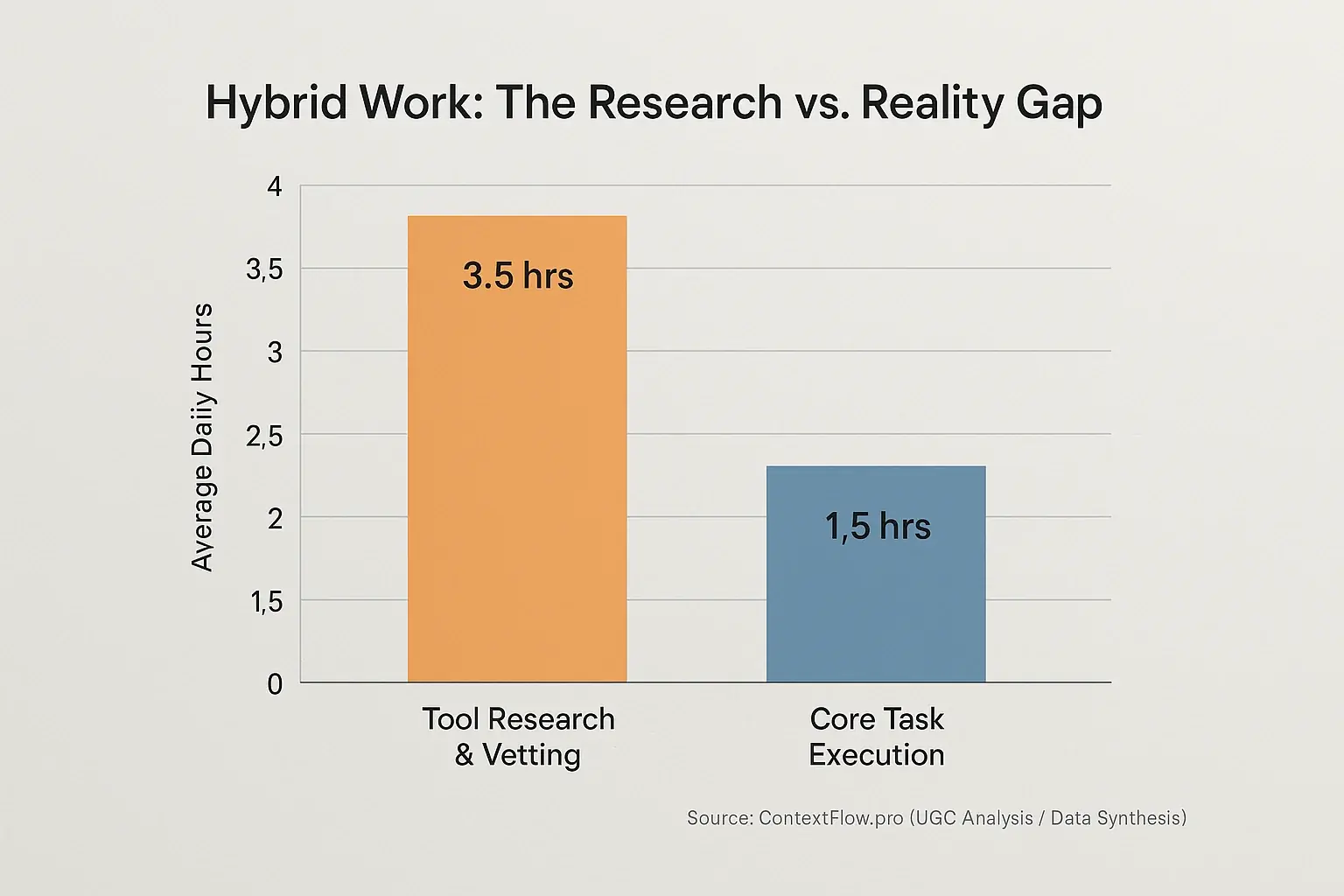Bar chart: Hybrid workers' tool research time far exceeds productive work, highlighting a productivity drain.