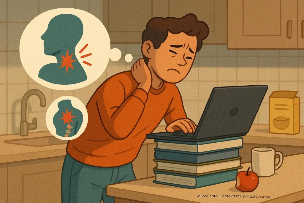 Hunched person at kitchen laptop, thought bubble shows back/neck pain due to poor ergonomics in a hybrid setup.