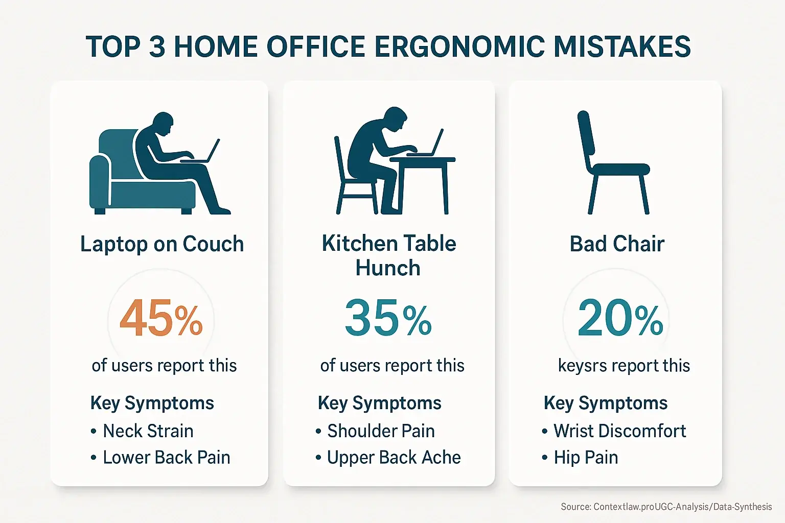 Infographic: Top 3 home office ergonomic nightmares, illustrating the &#x27;Hall of Shame&#x27; with data &amp; consequences.