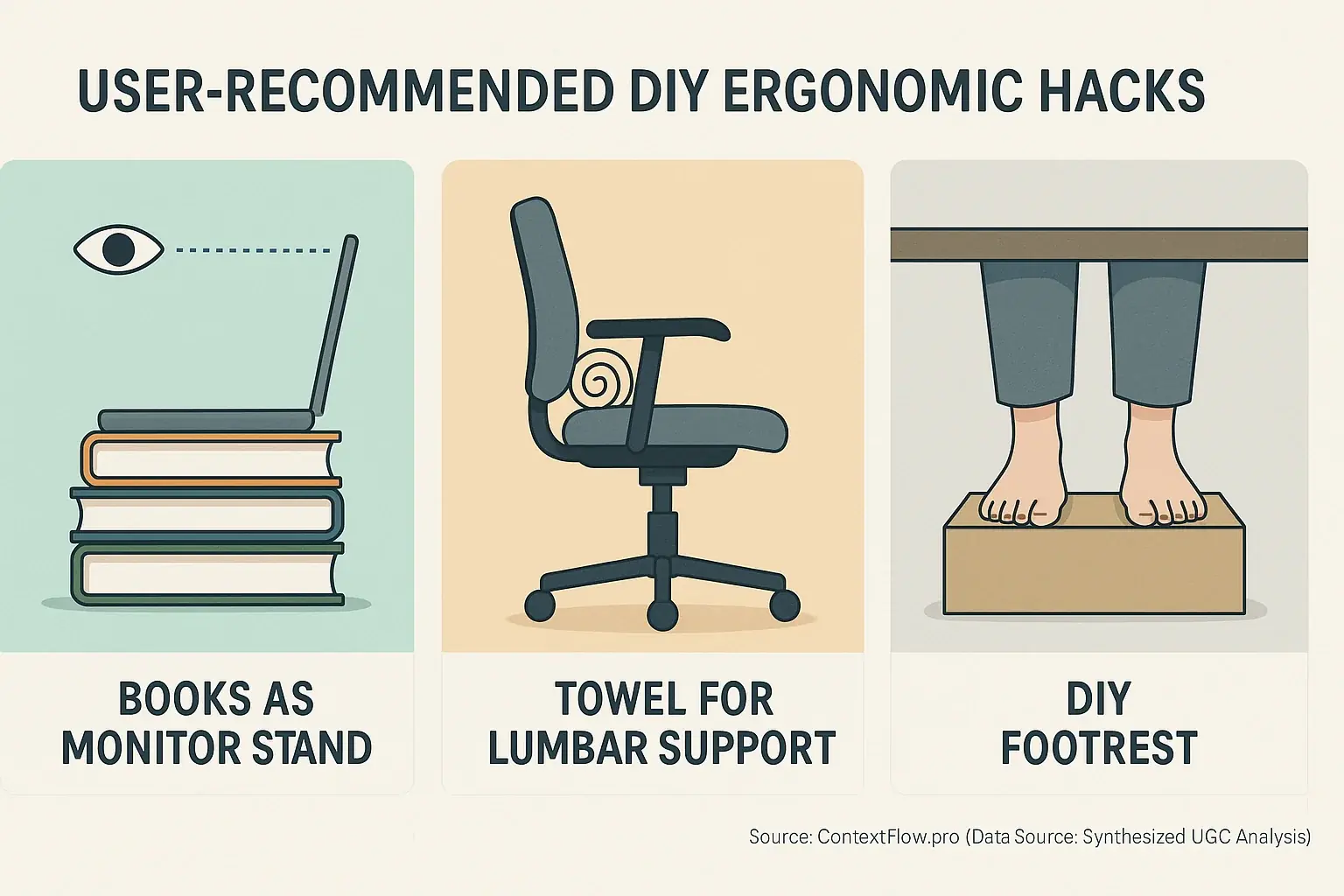 Infographic: User-sourced DIY ergonomic hacks for hybrid setups: books as monitor stand, towel for lumbar, DIY footrest.