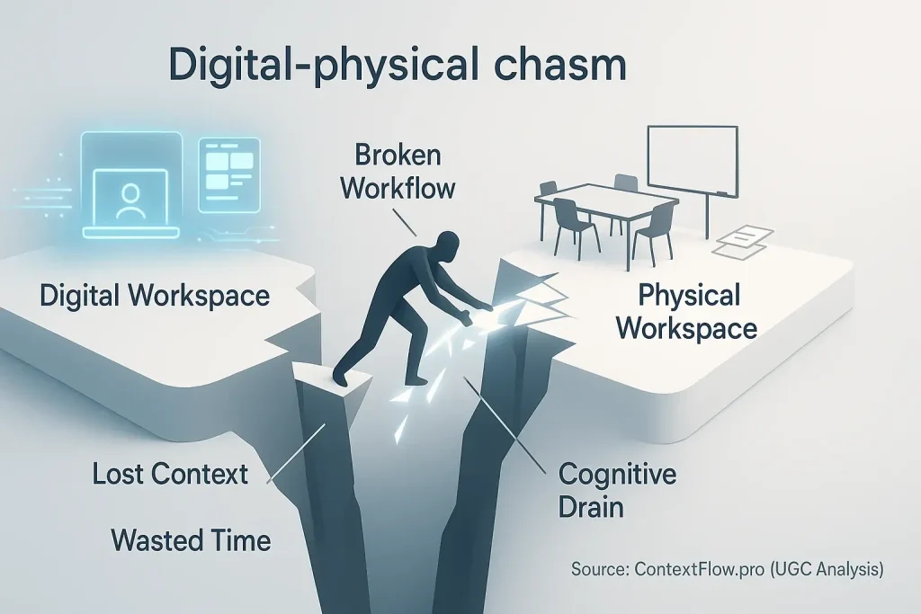 Abstract infographic: Figure struggles to bridge digital/physical work islands, highlighting chasm, lost context & friction.