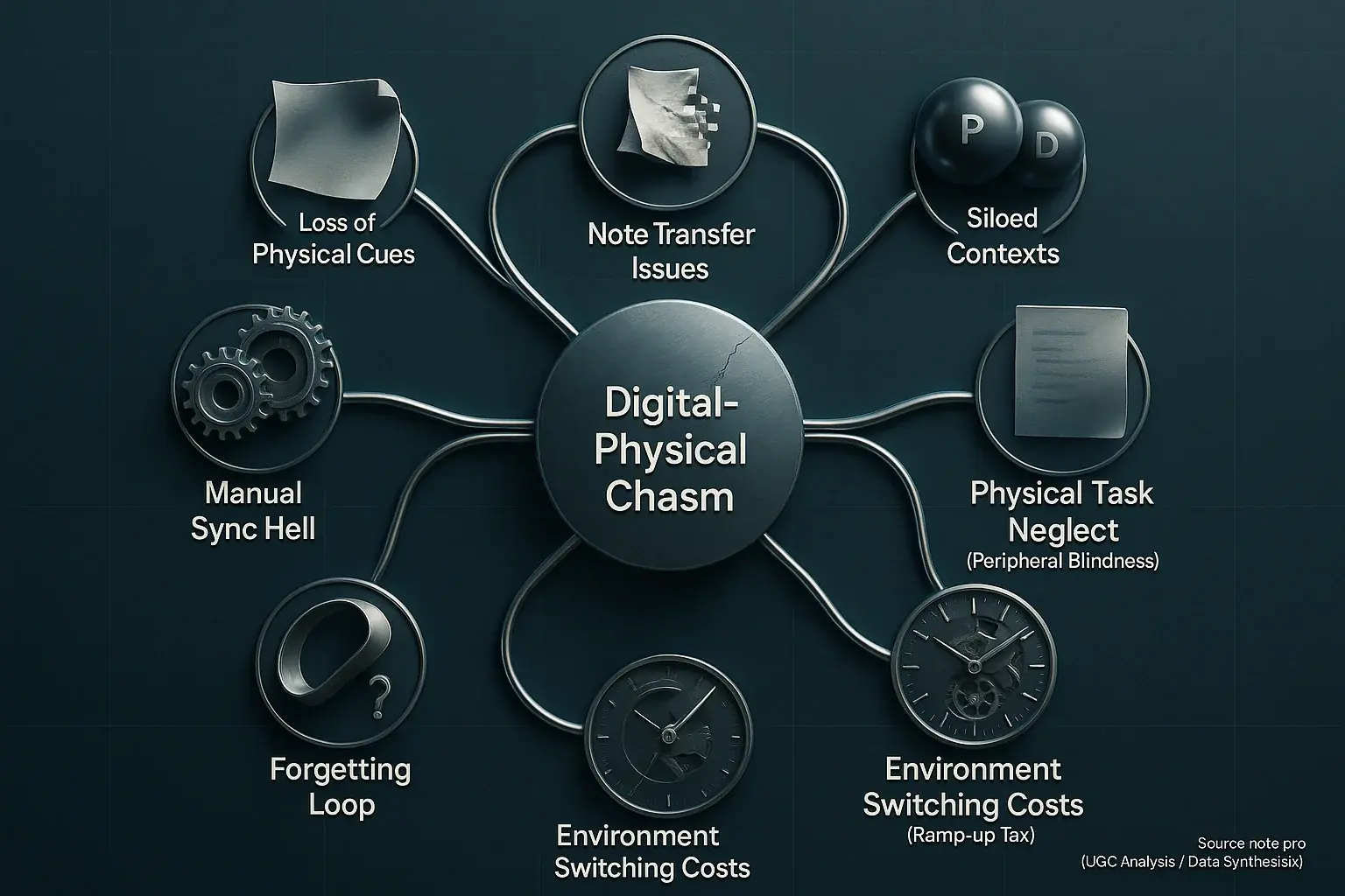Mind map: 'Digital-Physical Chasm' at center, linking to interconnected friction & common digital-physical breakdown points.