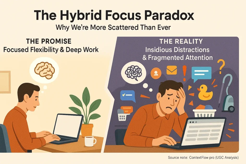Hybrid Focus Paradox infographic: Worker overwhelmed by digital pings & home chores, despite flexible work promise.