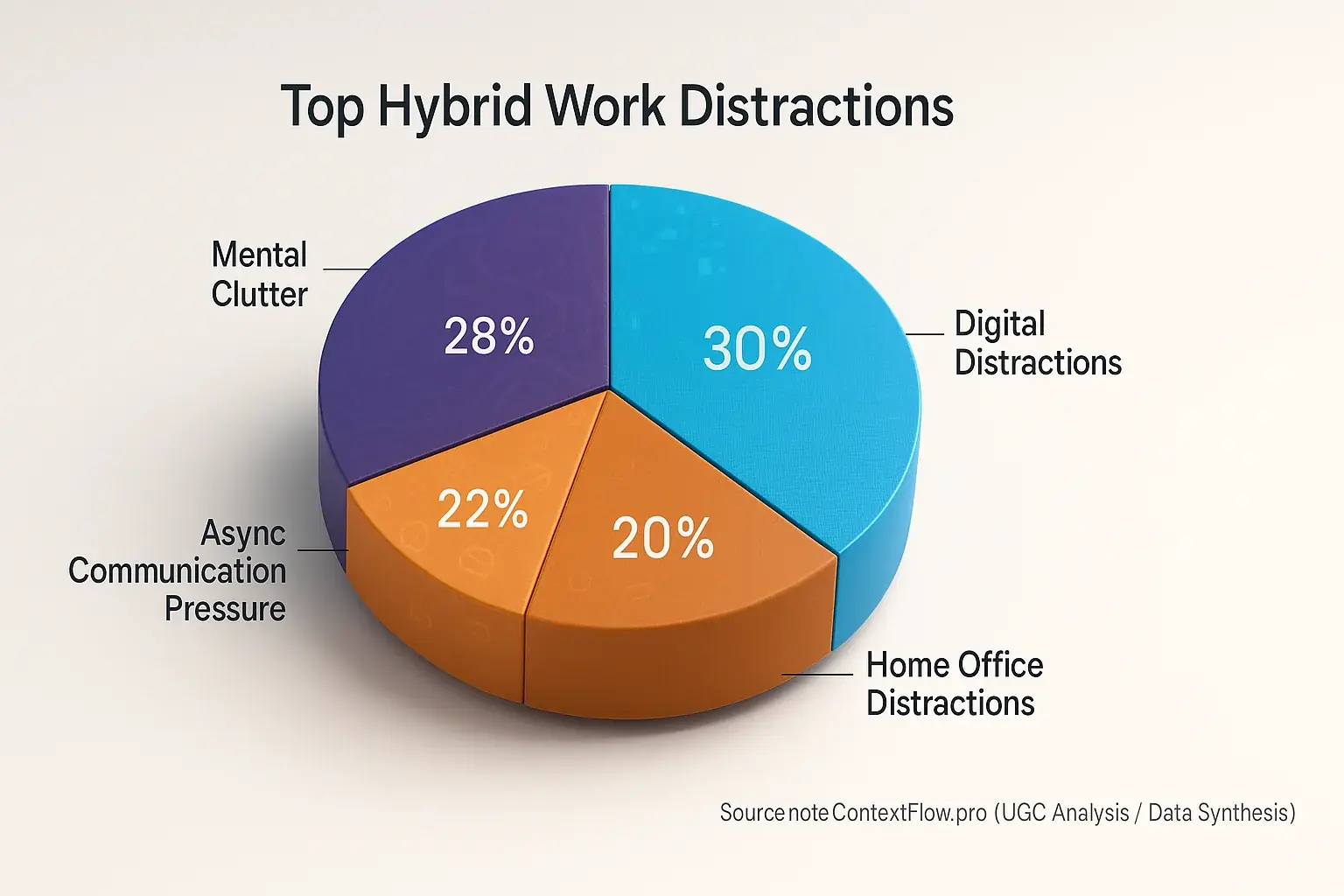 Pie chart of hybrid work distraction culprits: Digital 35%, Home Office 30%, Mental Clutter 20%, Async Pressure 15%.