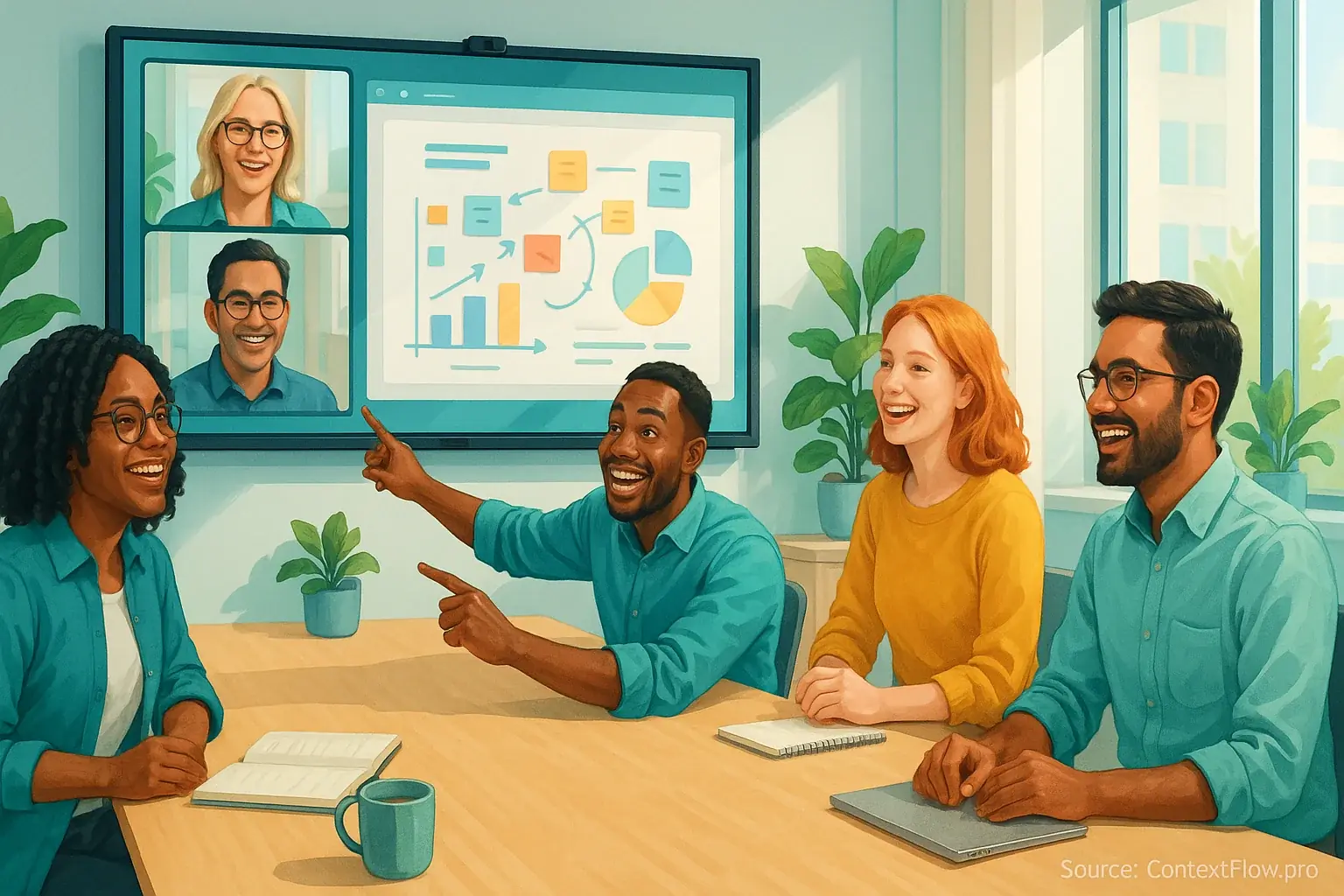 Productive, happy hybrid team in bright illustration, collaborating seamlessly (digital/physical) via optimized meetings.