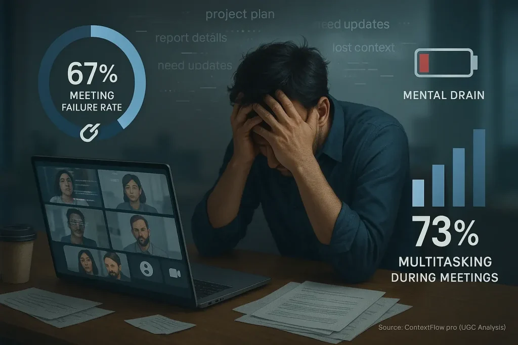 Exhausted person amid chaotic video calls & distractions, showing hybrid meetings' toll on focus & mental energy.