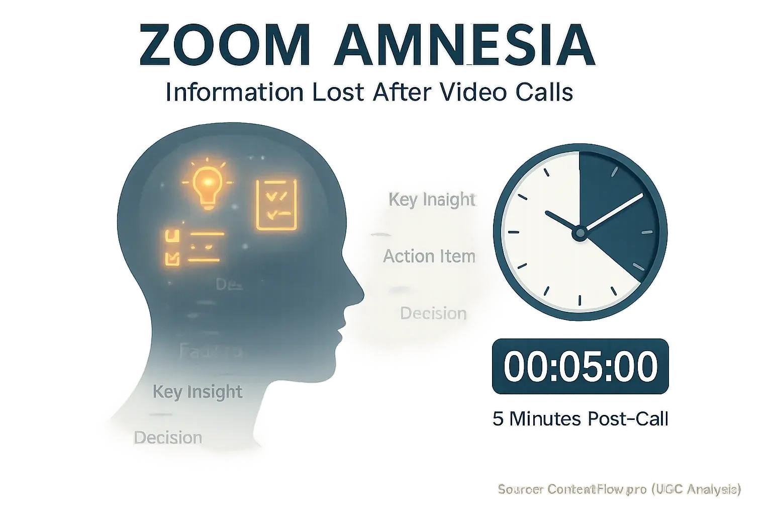 Infographic illustrating Zoom Amnesia: information icons fade from head post-call as time passes. Source: ContextFlow.pro.