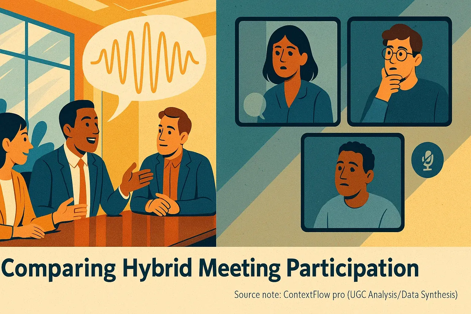 Split hybrid meeting infographic: Active speakers in-office contrast quieter remote attendees, revealing participation gap.