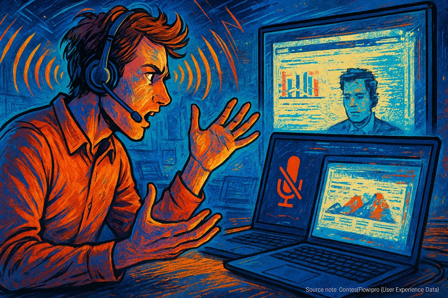 Chaotic illustration of hybrid meeting tech failures: echo symbol, frozen video, and glitching screen share.