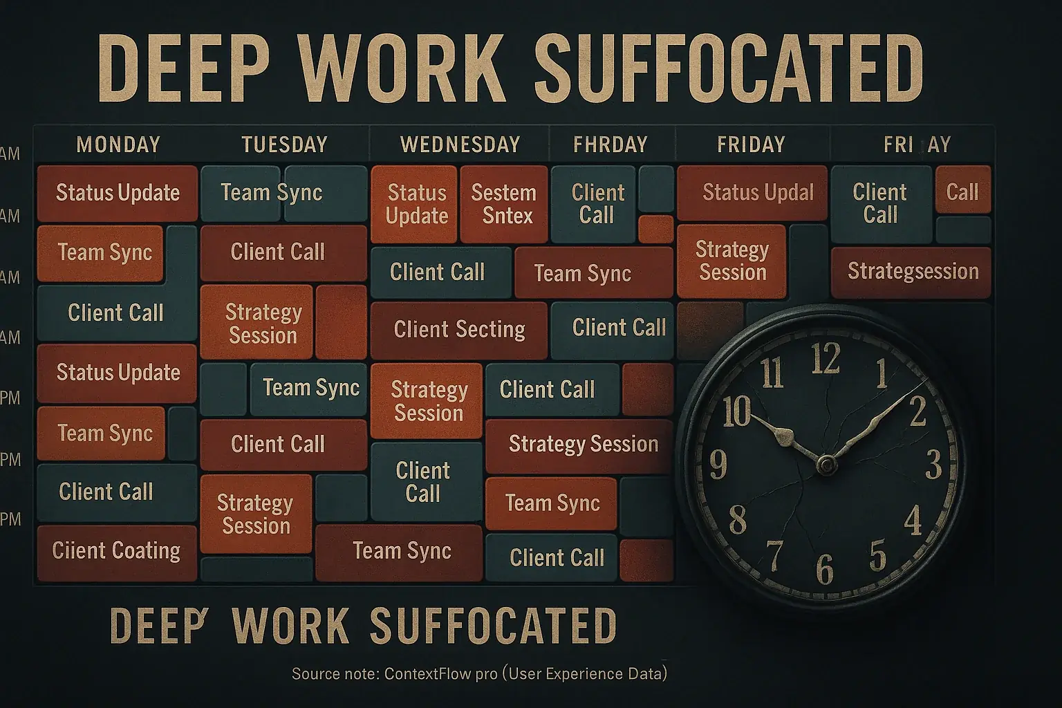Infographic: A calendar completely filled with meetings, leaving no room for focused work, as a clock breaks. Source: