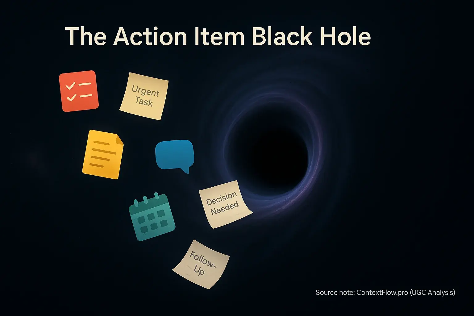 Action icons & notes fall into a dark, swirling black hole, visualizing lost hybrid meeting follow-ups. Source: