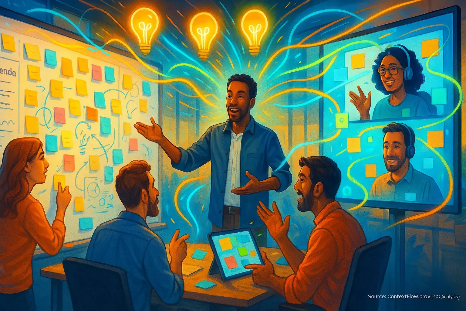 Dynamic hybrid brainstorming: teams collaborate in-person & remotely, ideas flow between physical whiteboard & screens.