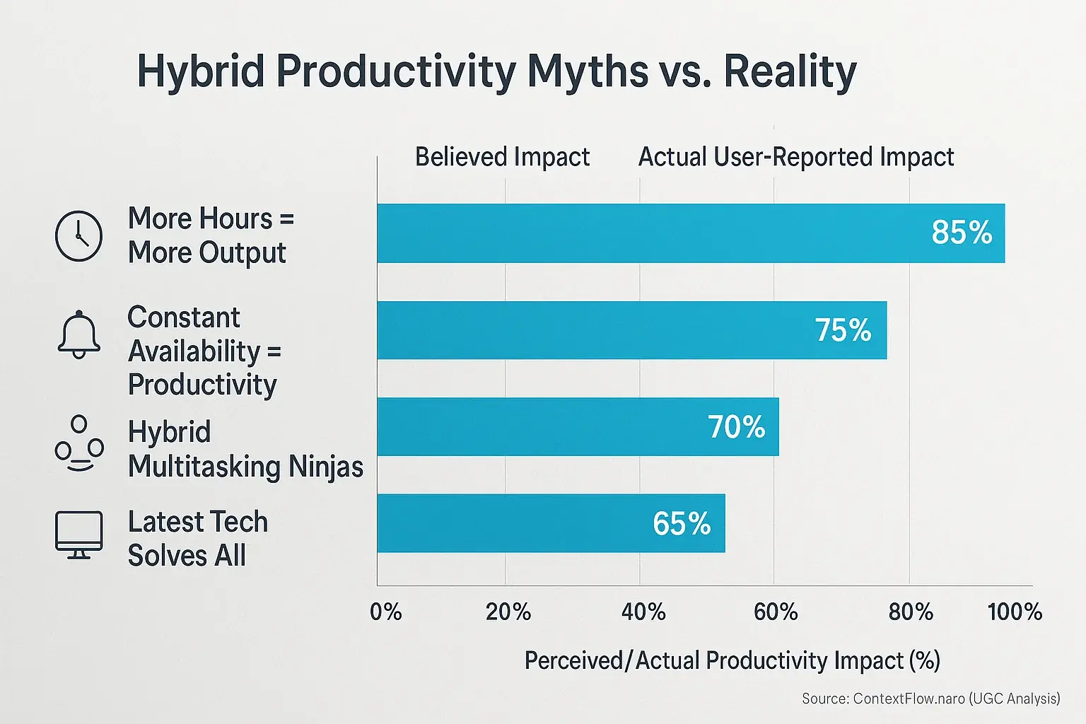 Bar chart debunking 4 hybrid productivity myths: shows higher believed impact vs. lower actual user-reported impact.