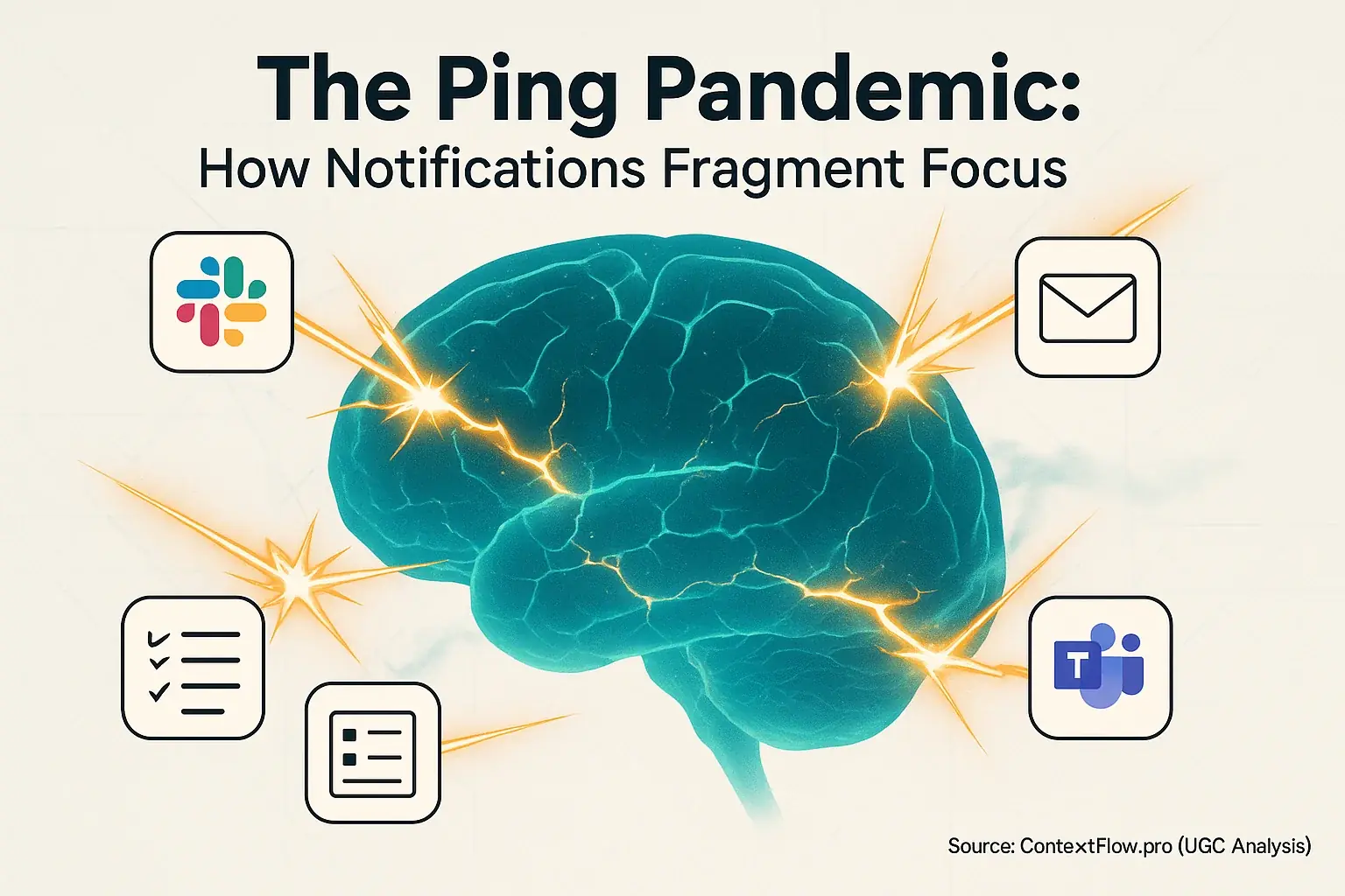 Stylized brain bombarded by app notifications (Slack, Email, Teams, Asana), illustrating the &#x27;Ping Pandemic&#x27; of fragmented