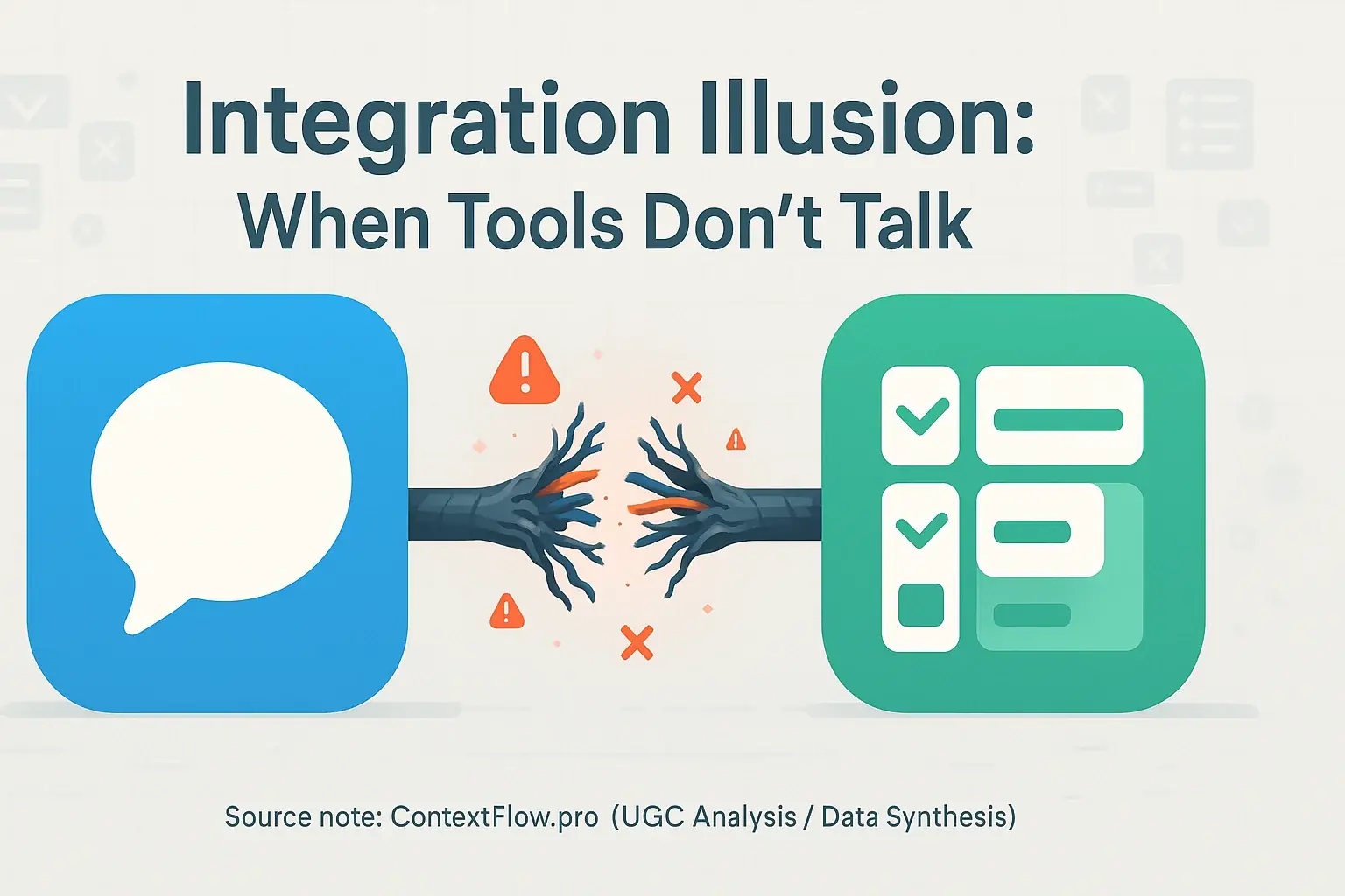 Infographic: Chat &amp; project app icons fail to connect, illustrating &#x27;Integration Illusion: When Tools Don&#x27;t Talk&#x27;.