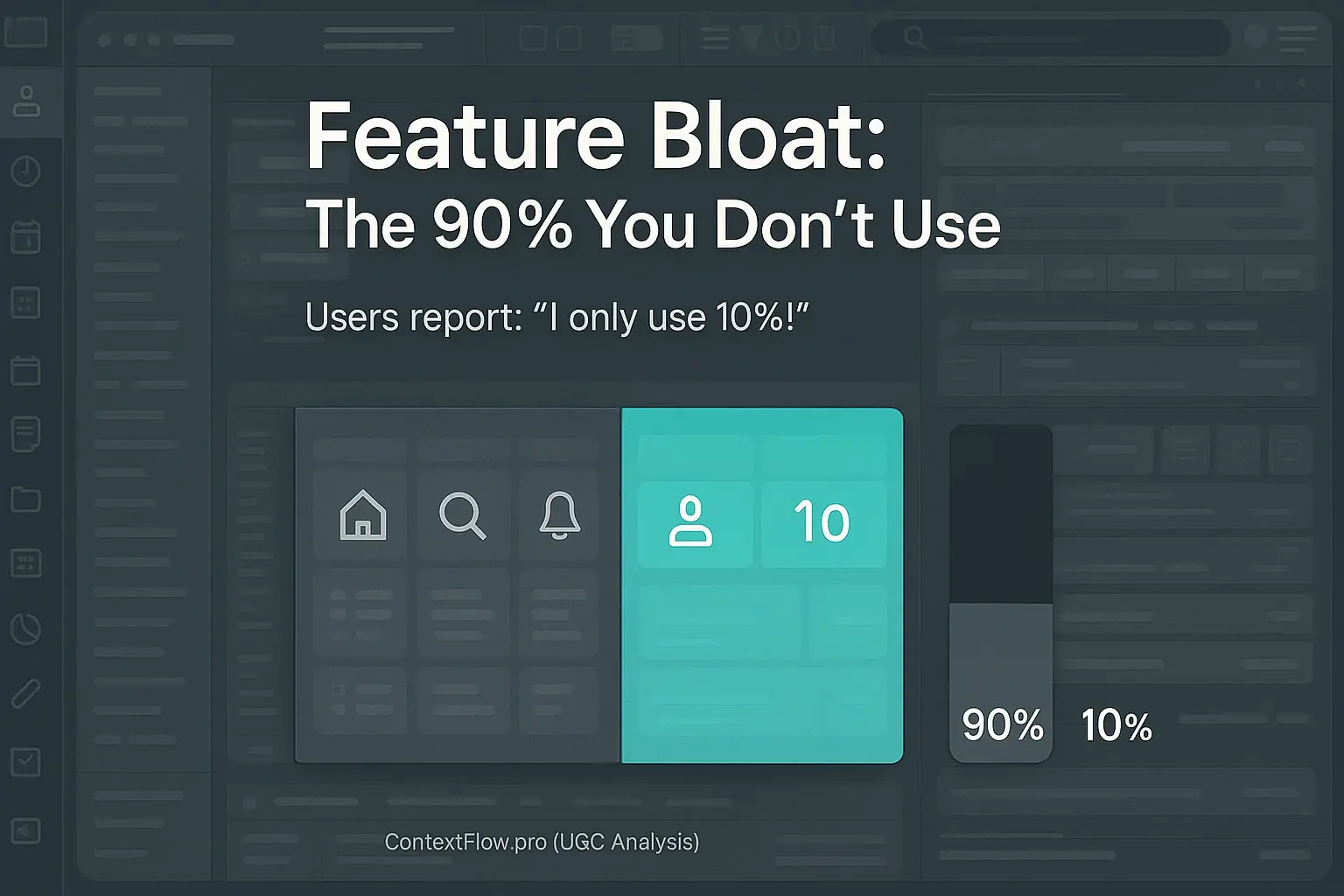 Infographic: Complex tool interface highlighting only 10% usage, showing how 90% feature bloat hinders productivity.
